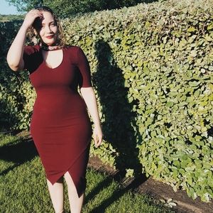 Almost Famous Burgundy Dress with Embroidered Neck